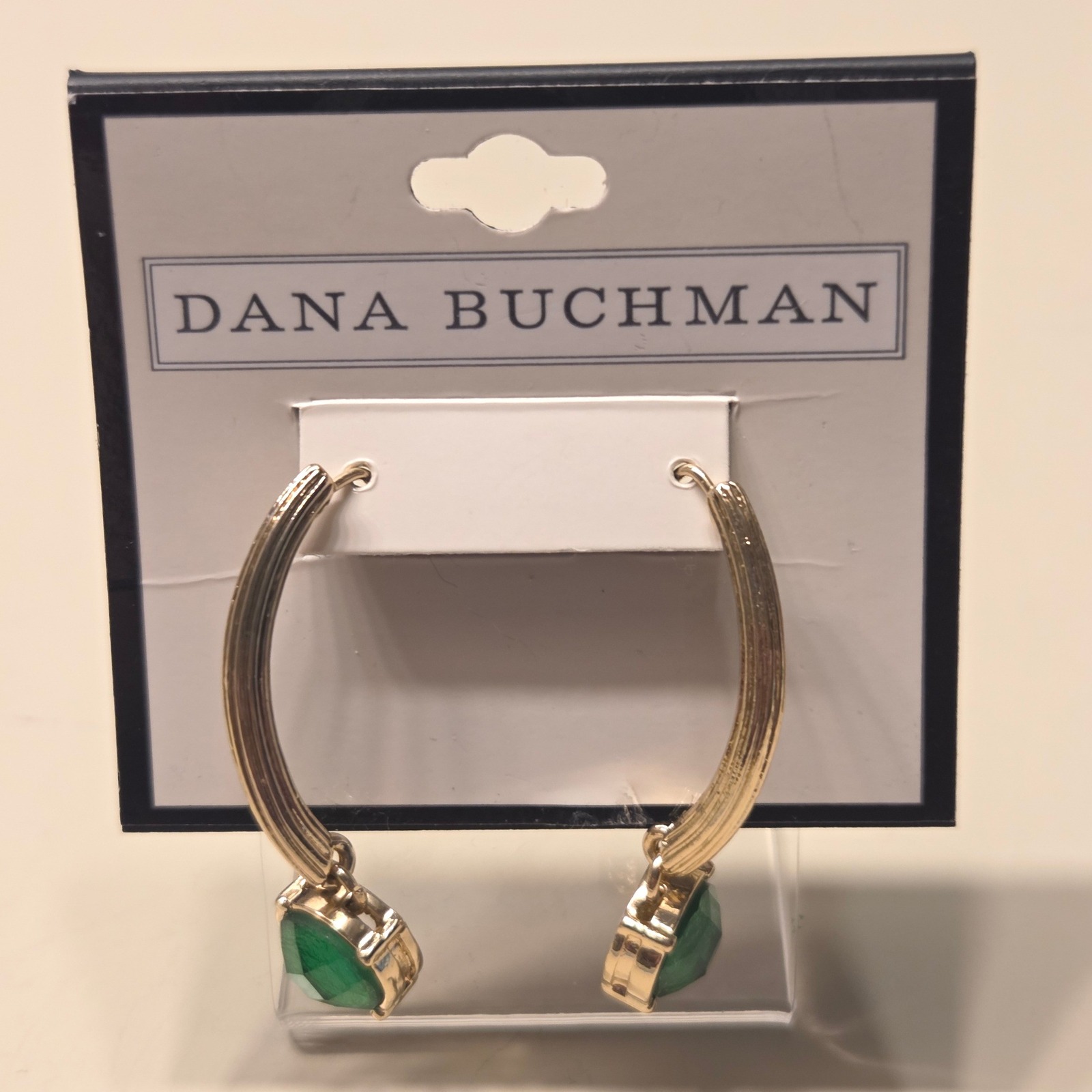 Dana Buchman Gold Tone Dangle Half Hoop Earrings Green Rhinestone Dangle Drop